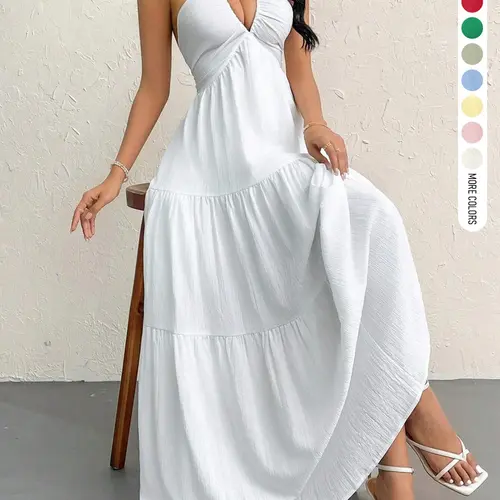 Women's Summer Daily French Vacation Relaxed Backless Bow Layered Cake Flare Deep V Halter Neck Sleeveless Maxi Dress Home Outdoor City Regular Trend Casual Elegant Youthful Simple Versatile Texture Temperament Artistic