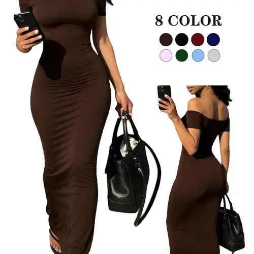 Off Shoulder Bodycon Long Dress, Women's High Elastic Fabric, Slimming Versatile Outfit, Ideal for Daily Wear and Dating