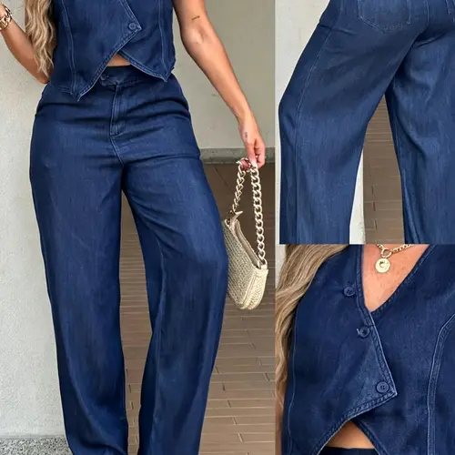 New Summer Women's Sleeveless Asymmetrical Hem Vest Top + Casual Wide Leg Straight Pants Set, Non-Denim Fashion Womenswear for Spring & Summer Clothes