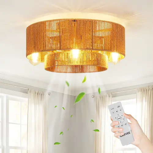 20 Inch Boho Caged Ceiling Fan with Light, Layered Rattan Flush Mount Fandelier, 6-Speed Quiet Reversible Motor with Remote Control, Low Profile for Bedroom Nursery Kitchen Small Rooms turbo