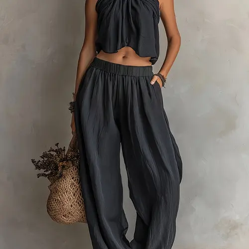 New Spring Summer Halter Neck Crop Top and Flowy Casual Chic Wide Leg Pants Set for Women Clothes