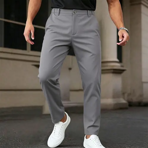 One piece: spring/summer polyester men’s stretch slim casual trousers; runs small; elastic waistband; straight-leg commuter pants.