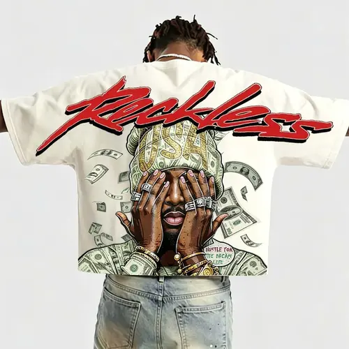 American High Street Reckless Hip Hop Graphic Portrait Bat Sleeve Loose T-Shirt, Street Retro Short Sleeve T-Shirt, Fashionable and Comfortable Streetwear