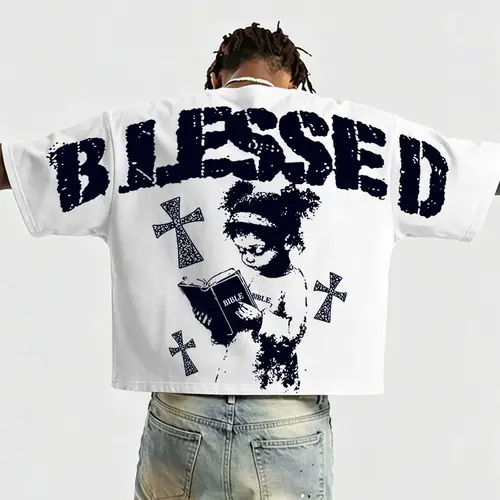 Men's American High Street Blessed Bible Prayer Pop Art Print T-Shirt, Kid Reading Bible Graphic, Vintage Loose Short Sleeve Streetwear Tee