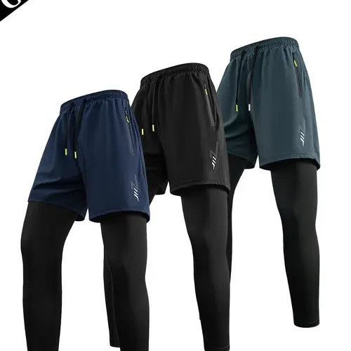 Men’s 2-in-1 Athletic Compression Leggings, Quick-Dry Stretchy High-Elastic Breathable Anti-Chafing Training Pants with Zippered Pockets, Faux 2-Piece Black Base Layer with Layering Blue Shorts, Moisture-Wicking for Running Fitness