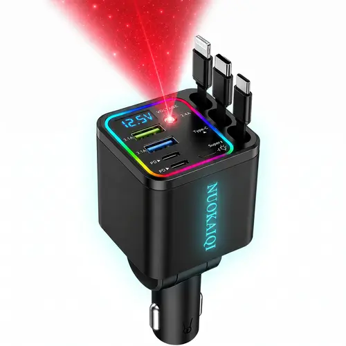 120W Max Fast Charging Car Charger Station - 4 Ports, 3 USB Cables (Including USB-A), RGB Light-Up, Real-Time Voltage Monitor, Star Projector, Plastic Android Device-Compatible Car Accessory for Road Trip Console Decluttering