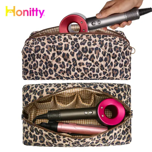 HONITTY Leopard Quilted Multi-Use Travel Organizer Bag - Lightweight Polyester Zipper Luggage Accessory for Dyson Airwrap Styler, Curling Irons & Toiletries Storage