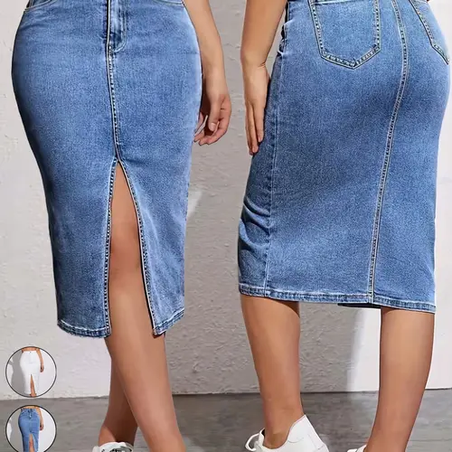 Women's Casual High-Waisted Stretch Denim Midi Skirt with Front Slit, Slim Fit & Comfortable Half-Length Skirt for All-Season Everyday Wear, Casual Fashion Skirt