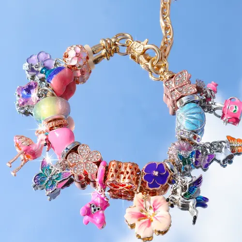 Summer Floral and Butterfly Charm Bracelet, DIY Bear Firebird Shell Charm Bracelet, Beach Vacation Jewelry, Unique Handmade Accessory, Butterflies Bracelet