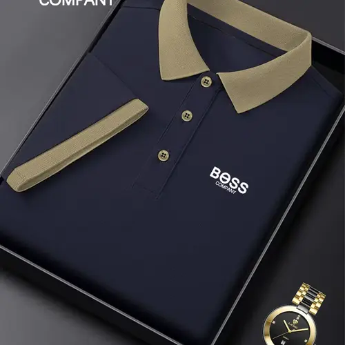 Ff-4985 New Bgss Logo Animal Print Collared Polo Shirt, Casual Fitted Short Sleeve, Breathable Elastic Men's Top, All Seasons Wear