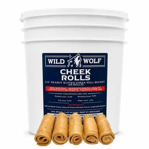 <NEW PRODUCT!> 4-6” Peanut Butter Collagen Cheek Roll Bucket (25 Rolls) 100% Natural and Extra-Thick - Single-ingredient - Long-lasting for Big Dogs and Aggressive Chewers - Dog Treat Chews Dental Sticks