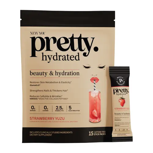 NEW YOU pretty hydrated Beauty Electrolyte Drink Mix, VERISOL Collagen & ElastaGLO Elastin, Supports Skin Elasticity & Hydration, Strawberry Yuzu Stick Packs, No Artificial Sweeteners