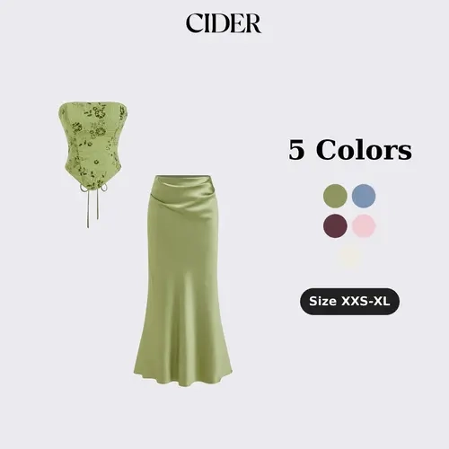 Cider 2-Piece Set Lace Sculptural Embroidery Floral Corset Top & High Rise Mermaid Maxi Skirt Set SohoChic