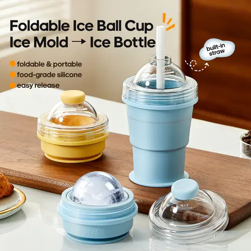 2-in-1 Portable Foldable Silicone Ice Sphere Maker - Collapsible Water Cup, Whiskey Ice Cubes Mold for Bourbon Cocktails, Gym, Beach, Outdoor Kitchen & Bar Utensils, Reusable Freezeable Ice Cube Moulds & Trays