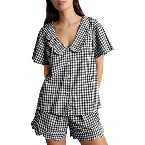 Women's 2-Piece Cute Gingham Plaid Babydoll Pyjamas Set - Short-Sleeve Cotton Scalloped Edge Sleepwear, Lightweight Breathable Drawstring Waist Loungewear for Honeymoon, Hand-Wash-Friendly, Shortsleeve, 2 Piece Sets, Pajama Sets Women