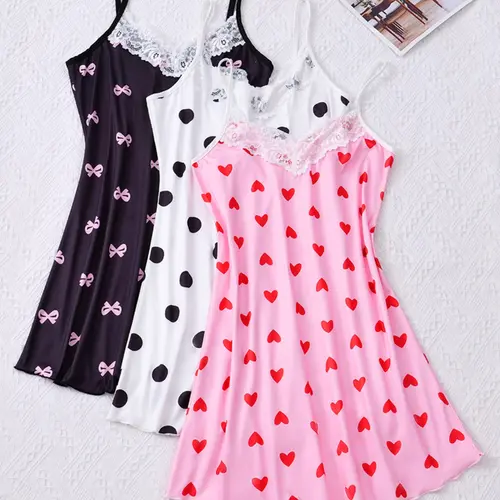 Women's 3-Piece Lace Trim Sexy Spaghetti Strap Cute Nightgown, Comfortable Polyester and Spandex Blend, Cartoon Print Slip Nightie Dress