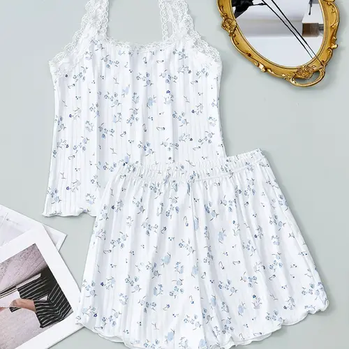 Women's Floral Lace Trim Pajama Set, Sexy Casual Home Wear, Loungewear, Tank Top and Shorts, European and American Style, Comfortable Sleepwear