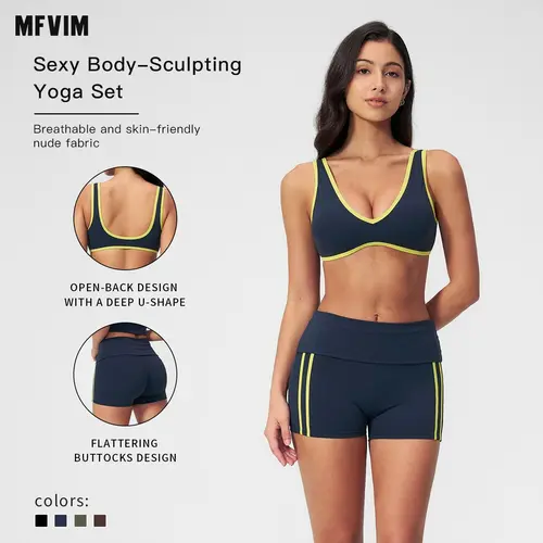 MFVIM Women's 2-Piece Color-Block Backless Bra & High-Waisted Striped Athletic Shorts Set - Sports Fitness Outfit, Matching Sets for Women, Suitable for Yoga, Running,back to school,back to school haul