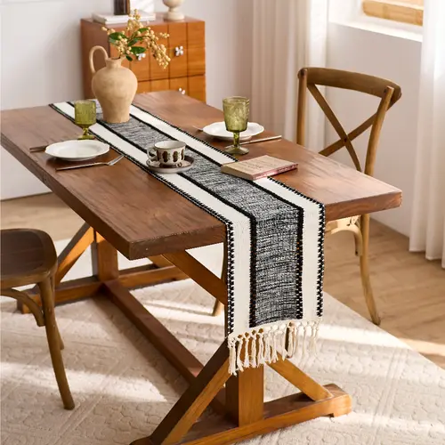 DRAGUE Boho Farmhouse Polyester Striped Table Runner with Tassels, Black White Gray Woven, Durable, 11.8x72/108in, 72/108" Table Fit, Hand Wash Only, Rustic Chic French Country Decor for Dining/Kitchen Spaces