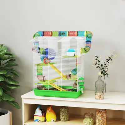 Green five-tier hamster cage with tubes tunnels and exercise wheel suitable for dwarf hamsters and gerbils for multi-story indoor playing and living in the bedroom