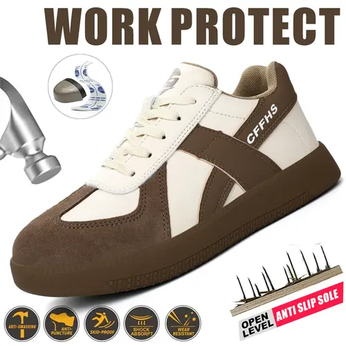 Women's Retro GAT Style Round Toe Laces Steel Toe Safety Work Sneakers - Lightweight Nonslip Work Footwear, Safety Footwear for Warehouse Workers