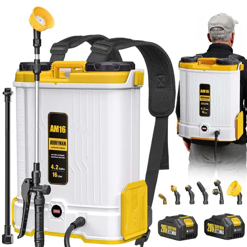 Alloyman 4.2 Gallon Battery Powered Backpack Sprayer, 45-90PSI Adjustable Pressure, 6 Hours Long Battery Life, Electric Backpack Garden Sprayer with 6 Spray Nozzles for Lawn, Garden, Yard