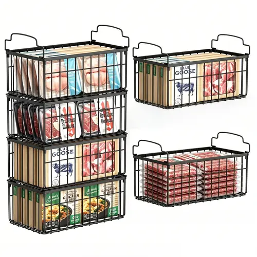 Msercuor Stackable Wire Freezer Organizer Bins - Black 4 Pack, Durable Rustproof Metal Storage Baskets with Lifttograb Access for Storage Organization, Chest Freezer & Kitchen Pantry (2/6/8 Pack Options)