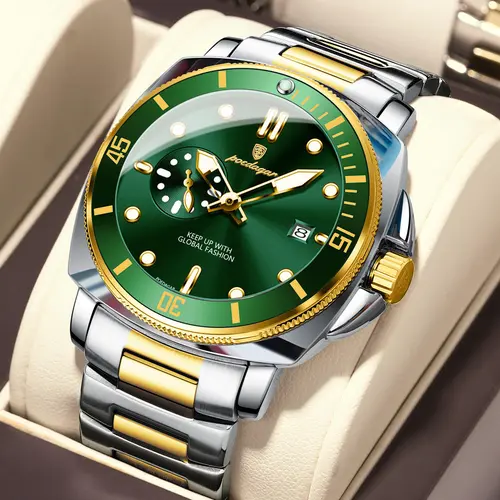 Men's Luxury Green Dial Watch, Moon Phase & Date Display, Two-Tone Steel Band, Waterproof Luminous Business Sports Quartz Watch