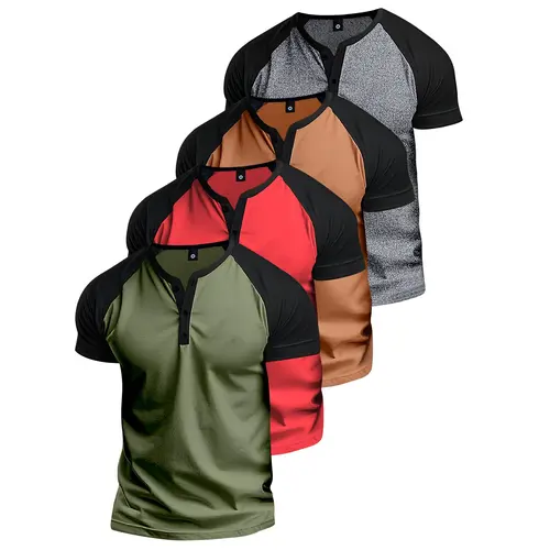 4-Pack Men’s Summer Lightweight Color-Block Henley Short-Sleeve T-Shirts with Raglan Sleeves — Stylish for Daily Casual Wear, Vacation, Sports Outings, Great Gift for Boyfriend/Husband; Suitable for Basketball, Camping, and Gym Top T-Shirt