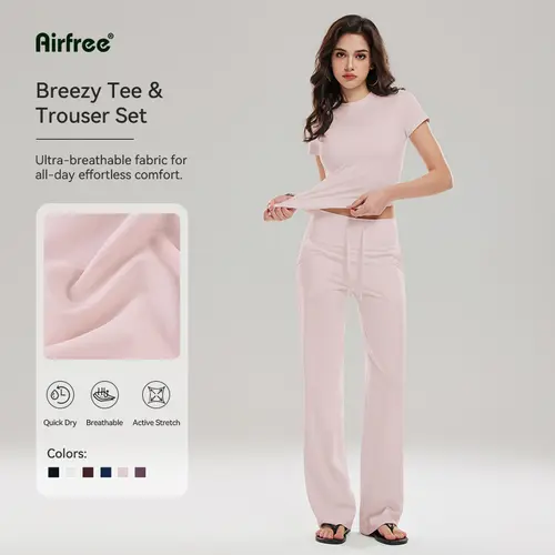 Airfree 2-Piece Workout Set, Shaping Support, Breathable Quick-Dry, Athletic Women’s Crew Neck T-shirts Straight-leg Pants 30'', 32.5'' Inseam Tracksuit Set, Regular/ Tall Girls Friendly for Yoga, Gym, Workout, Running, Gym Workout Clothes Athleisure Wear