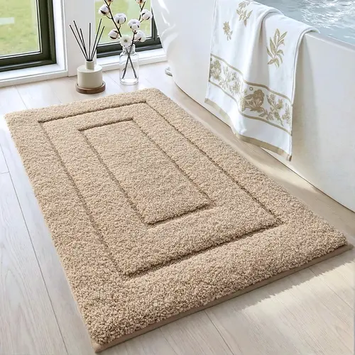 DEXI Bathroom Rug (24x16in), Non-Slip Machine Washable Bath Mat with Rubber Backing, Absorbent Soft Quick-Dry Microfiber Shaggy Indoor Shower Floor Rug, Beige, Machine Washable Rugs,back to school,dorm essentials,home decor,home essentials