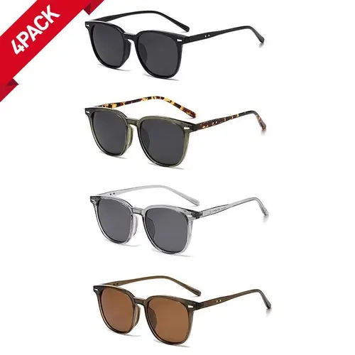 Women's 4-Pack Ultra Light Square Sunglasses for Women - UV Resistant, Windproof, Polarized, Face-Enhancing Fit, Natural Colors, Black Tortoiseshell, Transparent Brown Frames, Trendy Beach Eyewear