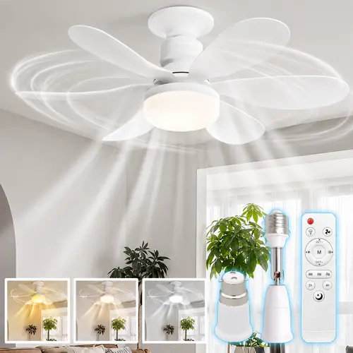 Socket Ceiling Fan Light with Remote Control, E27 & B22 Base 100W Dimmable LED (3000K-6500K Color Temperature), 3-Speed Silent Tool-Free Light Socket Fan, Moving & Apartment Essentials for New Home,dorm essentials,home essentials