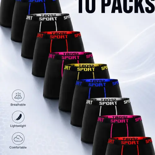 10 Pack Men’s Boxer Briefs with Letter Tape Waistband, Stretch Breathable Underwear, Soft Athletic Boxers for Gym & Daily Wear