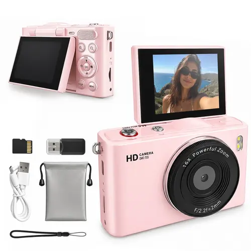 Portable Digital Camera, Beginner Vlogging Camera, Compact 180° Flip Screen, Includes SD Card, Elegant Camera Bag, Ideal for Vlogging and Photography, Perfect Gift