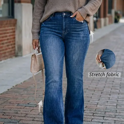 Women's Plus Size Denim Flare Pants Bottoms, Basic Fashion Versatile Casual Streetwear Style, Comfortable and Stylish Long Jeans for Everyday Wear Womenswear Fabric