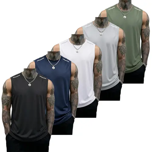 5-piece men’s fitness tank top set: casual soft sleeveless muscle T-shirt, bodybuilding T-shirt, sports tank top; solid color design, summer vibe, summerwins, Father’s Day gift