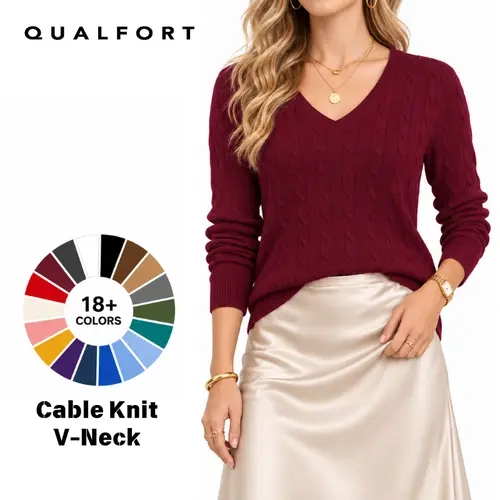 QUALFORT Women's 100% Cotton Chic Cable-Knit Long Sleeve Sweater, Breathable Crew Neck Pullover, Long Sleeve Tops Women for Work Business Casual Office Wear (Spring & Fall),sohochic