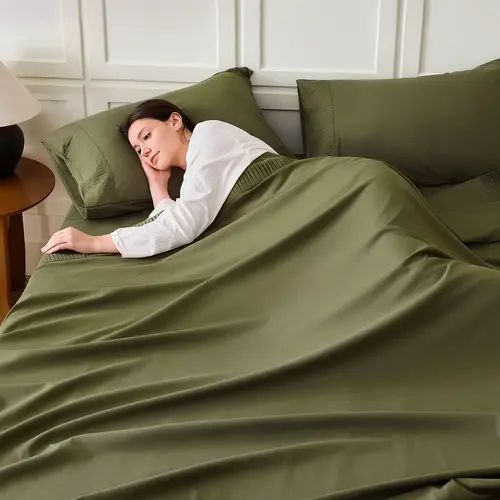 Litanika 4-Piece Hotel-Level Wrinkle Resistant Microfiber Bedding Set - Silky Soft Deep Pocket Fitted Sheet, Pillowcases, Aesthetic Olive Green & More Colors, Breathable Decorative Bed Sheet Set (Cal King Option), Four Pieces Breathable Sheet Set