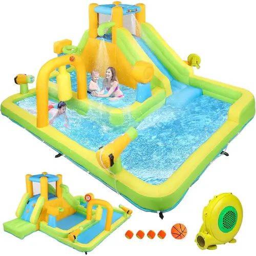 8-in-1 Inflatable Water Slide Bounce House w/Deeper Pool, Obstacle Course, Climbing Wall, 1min Blow Up Water Slides for Kids Backyard Party Gift