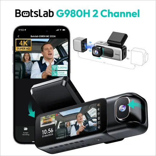 Botslab 2 Channel 4K Dash Cam with 3.18" Touch Screen, Sentry Mode, 24/7 Parking, Built-in GPS, 5.8G WiFi, Night Vision, Voice Control, 128GB Card Included