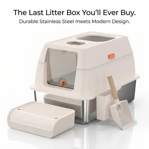 Stainless Steel Enclosed Litter Box with Lid (60x40x40cm) - Rust-Proof, Odor Control, Leak-Proof, Non-Stick Surface, Locking Pedal, Internal Filtering Holes, Extra Large & Spacious, Ideal for Elderly Cat Owners (Black Friday Special), Ventilation Slot