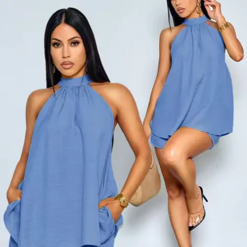Elegant Casual Chic Summer Beach Vacation Two-Piece Set for Women, Mint Halter Top with Asymmetrical Hem and Matching Shorts, Perfect for Dates and Parties, Clothes