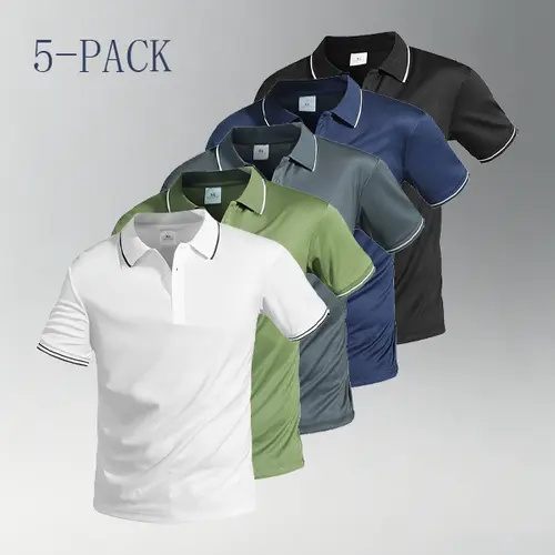 Men's 5-Pack Quick-Dry Polo Shirts - Athletic Fit Shirts, Breathable Lightweight Top, Moisture-Wicking Golf Sports Wear with Button Placket for Daily Wear Sportswear