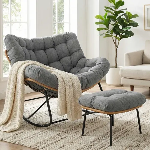 Arlopu Outdoor Papasan Rocking Chair with Ottoman, Oversized Padded Lounge Rocker with Cushion, Comfy Wicker Egg Lounge Chair, Large Indoor Rocking Recliner for Living Room/Porch/Garden patio furniture summergarden summerwins