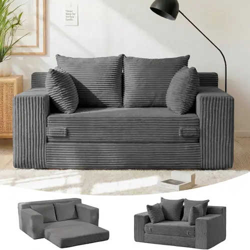 NLDD 55" Corduroy Boneless Floor Couch - 3-in-1 Multi-Functional Convertible Sofa Bed Loveseat Sleeper with 4 Throw Pillows, Ideal for Small Space Dorm Bedrooms