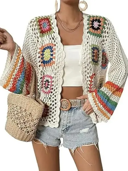 Women Vintage Floral Crochet Cardigan, Boho Hollow Out Open Front Long Sleeve Knit Top, Granny Square Tribal Pattern Casual Shrug with Belt, Lightweight Lace Knitted Coat for Spring Summer Daily Street & Vacation Outfit