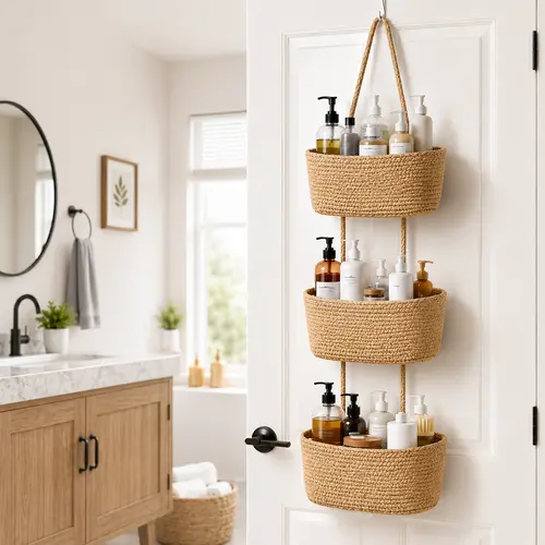 【Free Ship】Woven cotton 3-Tier Over the Door Basket, Wall-Mounted Jute Storage Organizer in bathroom – Decorative Nursery Baskets, Perfect for Busy Mom/Dad to Store Diapers & Toys small basket Gift Hook laundry basket house organizers