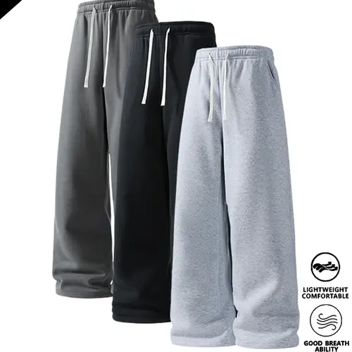 3-pack men’s straight-leg loose wide-leg pants; stylish street-style versatile casual drawstring joggers with a relaxed straight fit; knit versatile sweatpants suitable for spring, summer, and autumn.