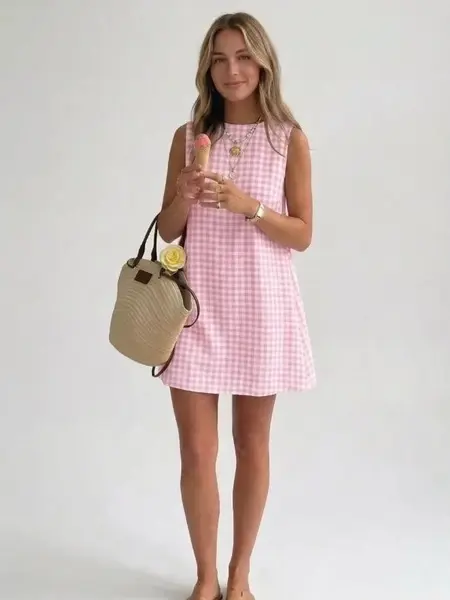 Women Retro Gingham Plaid Mini Dress, Sleeveless Spaghetti Strap Button Sundress, Soft Cotton Bohemian Casual One Piece Outfit, Lightweight Slim Summer Beach Dress for Daily Wear, Vacation Trip & Outdoor Leisure Styling